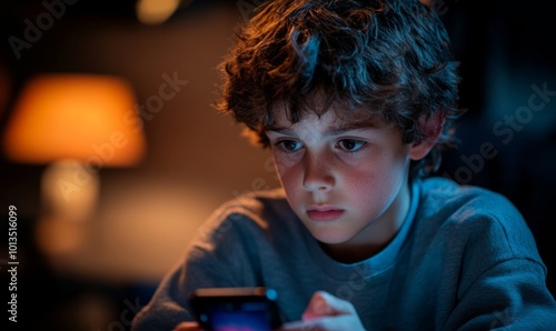 A young boy is intently looking at a smartphone screen symbolizing the potential dangers children face online, including sexual harassment, cyberbullying, and exposure to inappropriate, Generative AI