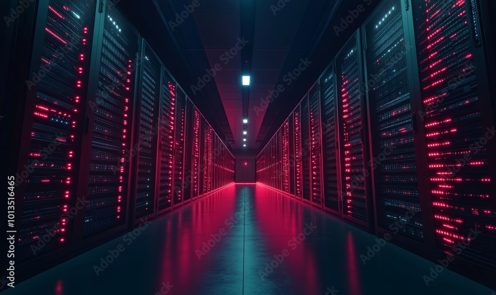 Modern Data Technology Center Server Racks Working in Dark Facility. Concept of Internet of Things, Big Data Protection, Cryptocurrency Farm, Cloud Computing. 3D Shot of Information Storage Modern Data Technology Center Server Racks Working in Dark Facility. Concept of Internet of Things, Big Data Protection, Cryptocurrency Farm, Cloud Computing. 3D Shot of Information Storage