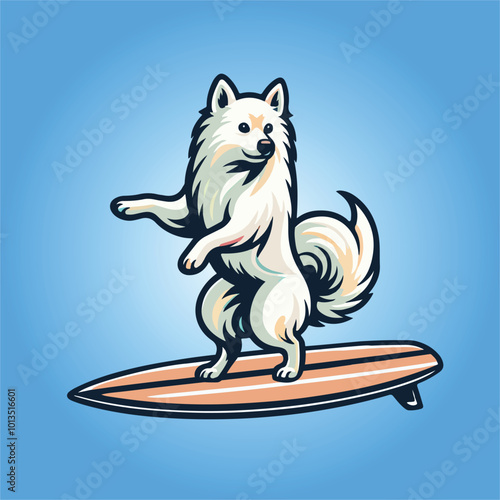 American Eskimo Dog Surfing isolated, Dog Surfing vector illustration, Dog standing on surfing board clipart
