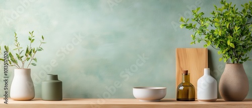 Wallpaper Mural Minimalist Kitchen or Dining Area with Plants and Wooden Shelf. Torontodigital.ca