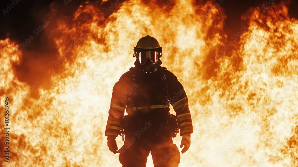 A firefighter stands boldly against a backdrop of intense flames, showcasing bravery and resilience. A firefighter stands boldly against a backdrop of intense flames, showcasing bravery and resilience.