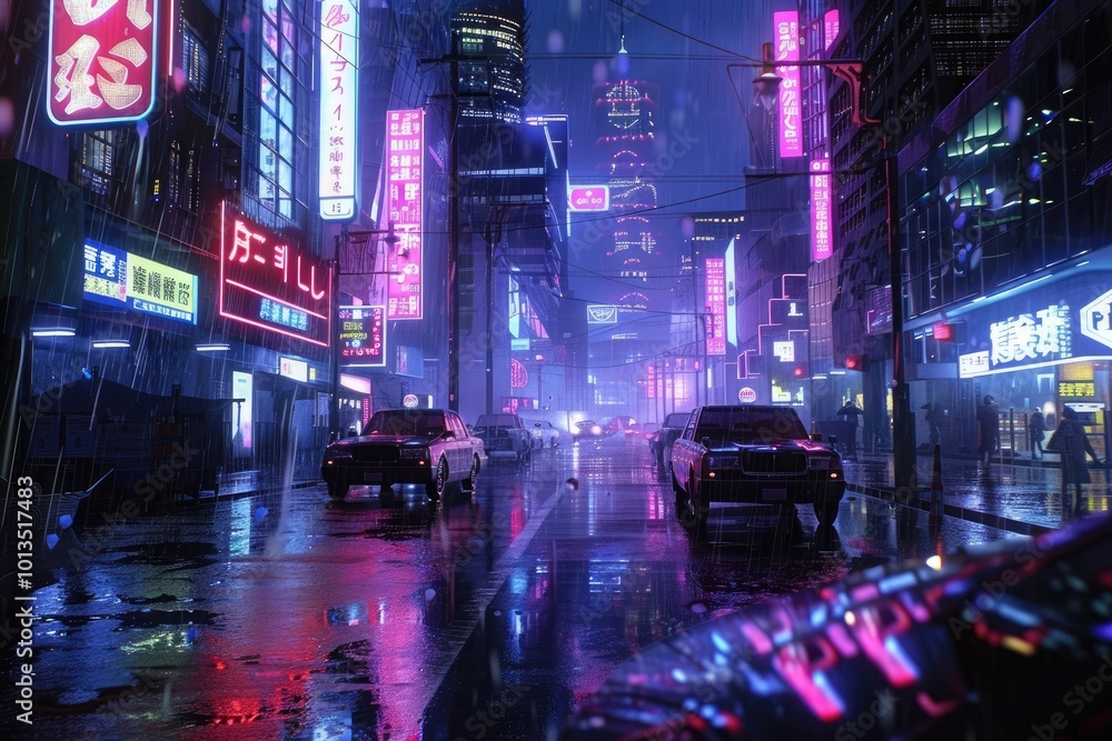 A vibrant, neon-lit city street at night, reflecting rain on the ground. A vibrant, neon-lit city street at night, reflecting rain on the ground.