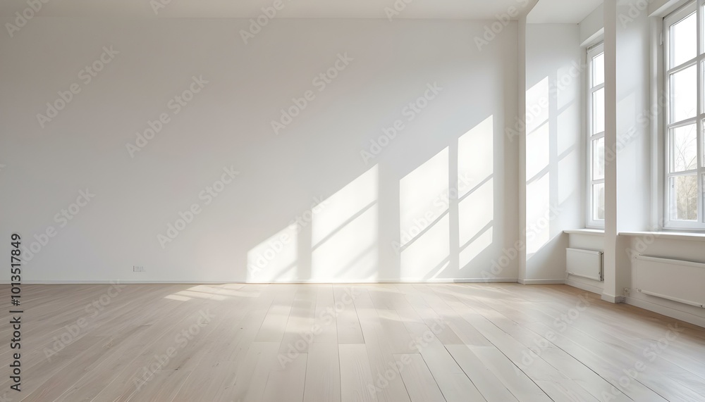 Empty white room with wooden floor and large windows letting in natural light. Empty white room with wooden floor and large windows letting in natural light.