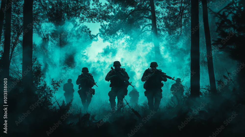 Soldiers patrolling through smoky jungle at night Soldiers patrolling through smoky jungle at night