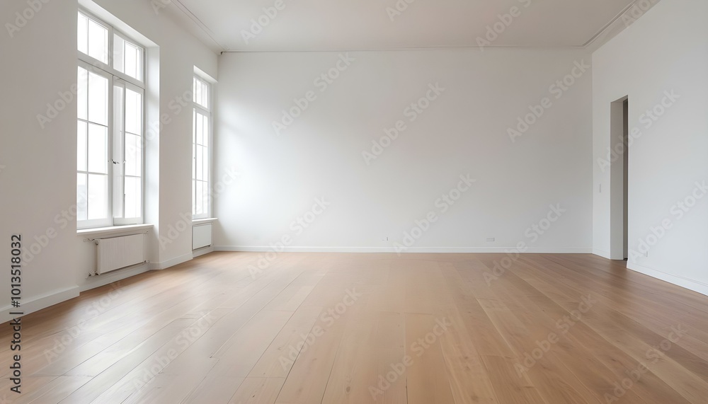 Empty white room with wooden floor and large windows letting in natural light. Empty white room with wooden floor and large windows letting in natural light.