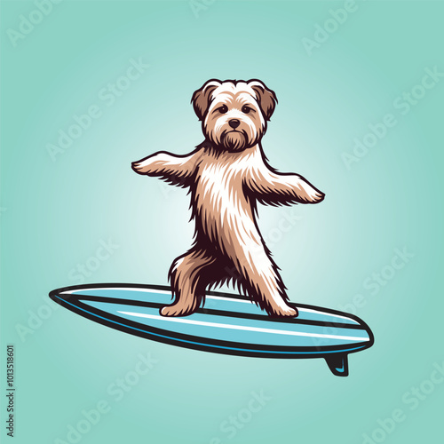 Dandie Dinmont Terrier Dog Surfing isolated, Dog Surfing vector illustration, Dog standing on surfing board clipart
