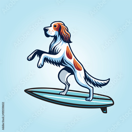 English Setter Dog Surfing isolated, Dog Surfing vector illustration, Dog standing on surfing board clipart
