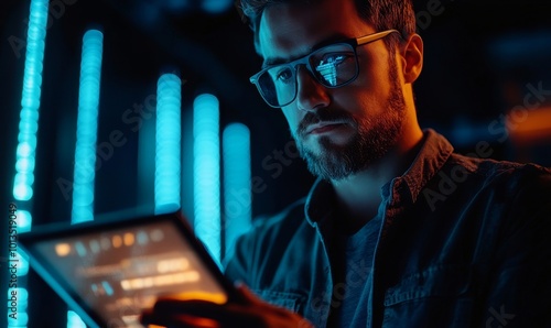 Male Engineer Programs Something while Holding Tablet Computer in His Hands. He Works in a Dark Modern High-Tech Office. High-Speed Data Transfer and Smooth Server Operation