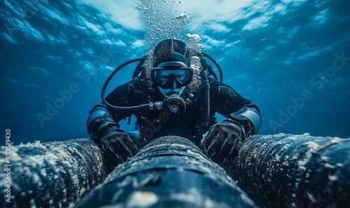 A professional diver in wetsuit is submerged in blue ocean waters, meticulously inspecting and repairing a thick black submarine fiber-optic cable to ensure global communication network, Generative AI photo