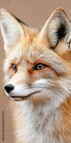 Close-up of a fox, showcasing its fur and expressive eyes, white isolated background.