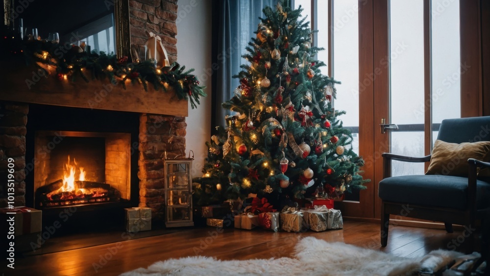 A delightful holiday scene featuring a crackling fire and a Christmas tree decorated with love A delightful holiday scene featuring a crackling fire and a Christmas tree decorated with love
