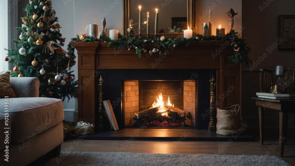 A delightful space where the cozy fire and the festive tree come together for the perfect ambiance A delightful space where the cozy fire and the festive tree come together for the perfect ambiance