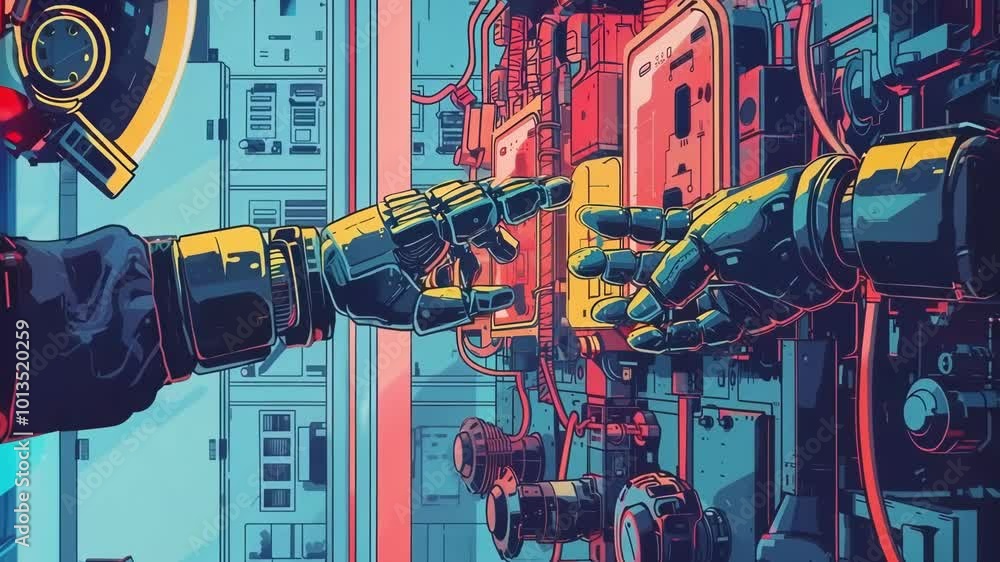 Astronaut and a robot are working together, repairing an electrical panel on a spaceship using innovative engineering Astronaut and a robot are working together, repairing an electrical panel on a spaceship using innovative engineering