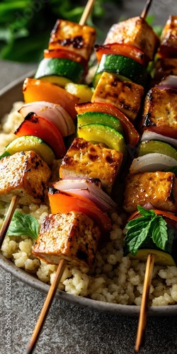 Grilled vegetable and tofu skewers served on a bed of fluffy grain.