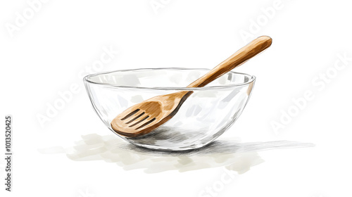 Hand Drawn Illustration of a Glass Bowl and Wooden Spoon