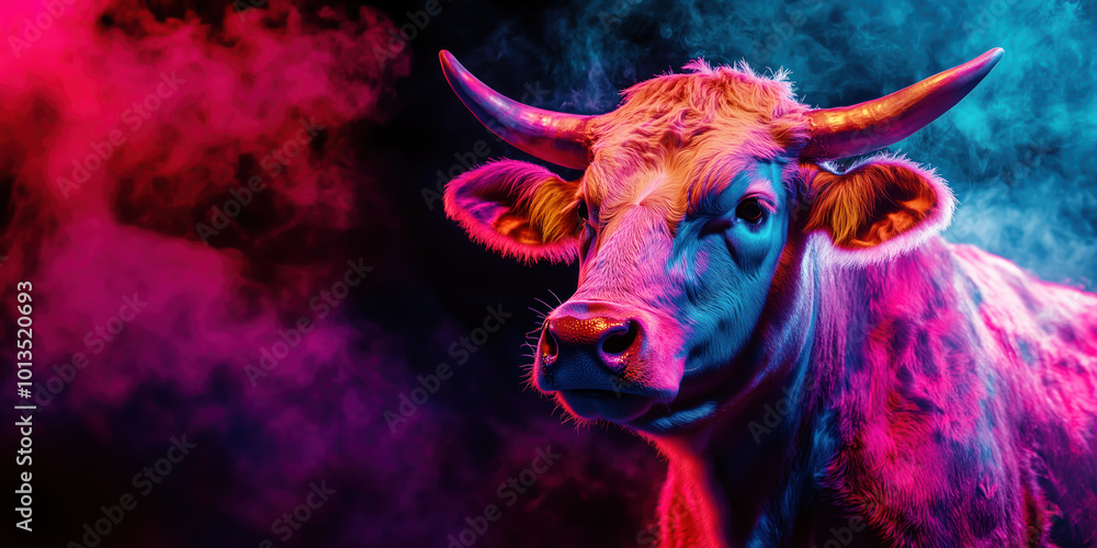 Cow at a party in colorful disco light, copy space on stage smoke Cow at a party in colorful disco light, copy space on stage smoke