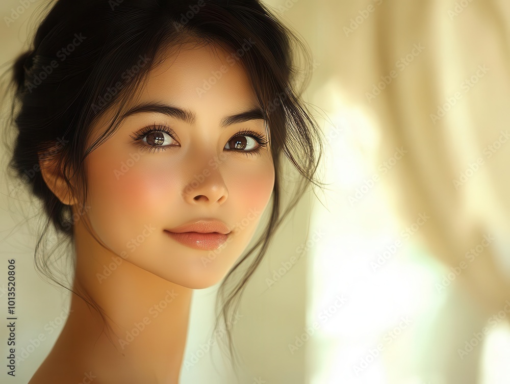 Naklejka premium radiant portrait of a beautiful asian woman with flawless healthy skin radiating confidence and grace set against a softly lit background that emphasizes her natural beauty