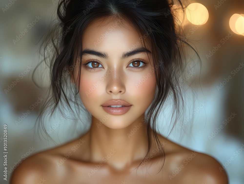 radiant portrait of a beautiful asian woman with flawless healthy skin radiating confidence and grace set against a softly lit background that emphasizes her natural beauty