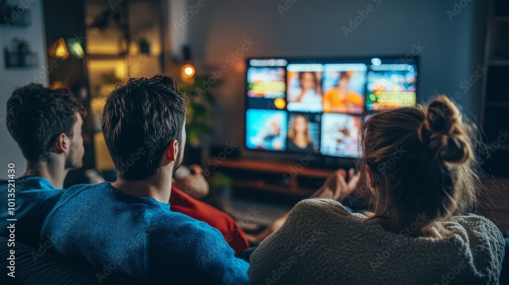 Friends enjoying virtual shopping together on a smart TV, blending social interaction with modern e-commerce technology Friends enjoying virtual shopping together on a smart TV, blending social interaction with modern e-commerce technology