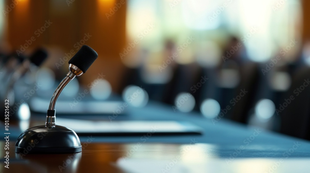 A conference table with microphones, suggesting a formal meeting or discussion setting. A conference table with microphones, suggesting a formal meeting or discussion setting.