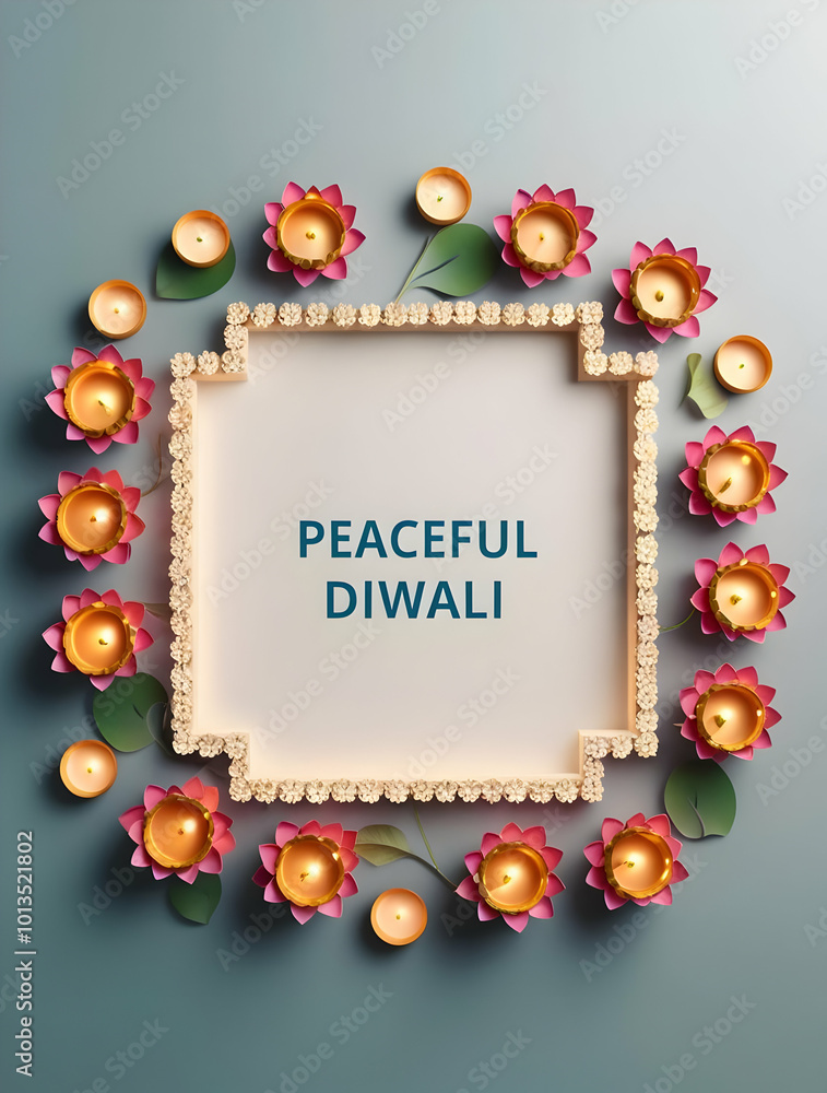 3D Floating Diwali Diyas & Lotus Flowers Framing Calm Copy Space with �Peaceful Diwali� Text - Serene Border Design for Tranquil Themes 3D Floating Diwali Diyas & Lotus Flowers Framing Calm Copy Space with �Peaceful Diwali� Text - Serene Border Design for Tranquil Themes