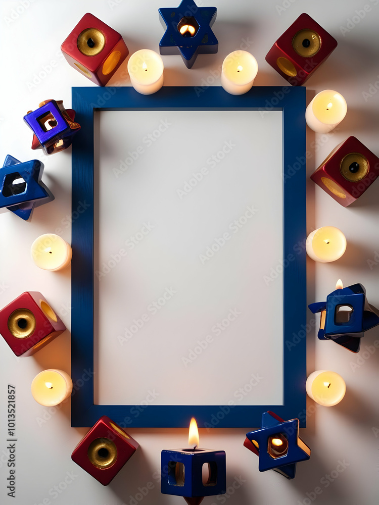 Flat Floating Dreidels and Glowing Hanukkah Candles Create a Modern Border Frame with White Copy Space for Celebratory Designs Flat Floating Dreidels and Glowing Hanukkah Candles Create a Modern Border Frame with White Copy Space for Celebratory Designs