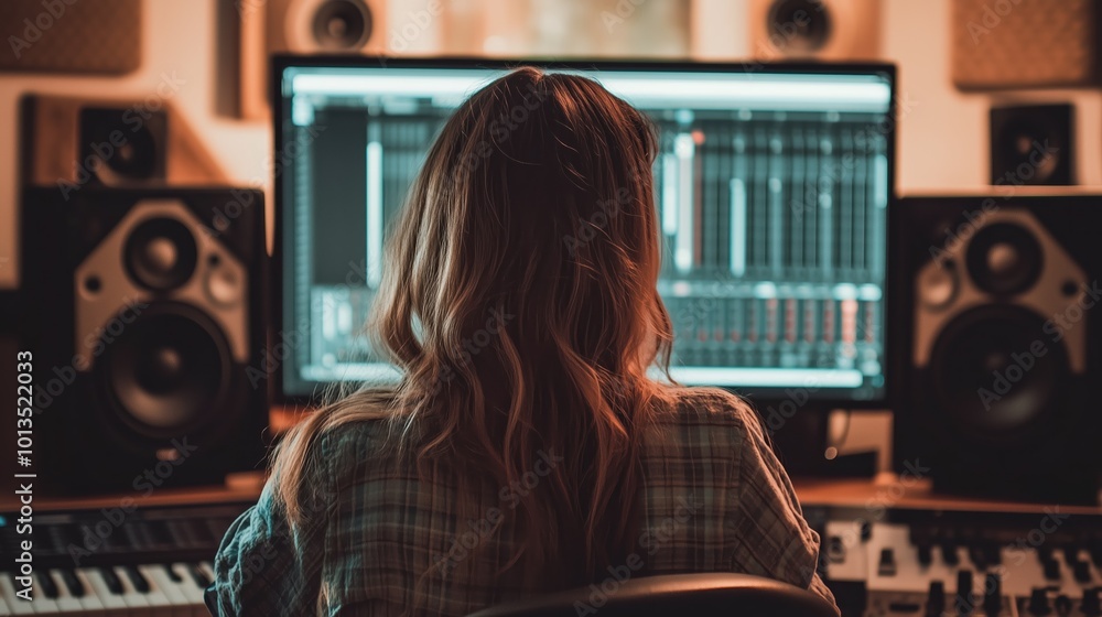 Female Sound Designer Mixing Audio in Professional Studio with Dual Monitors Female Sound Designer Mixing Audio in Professional Studio with Dual Monitors