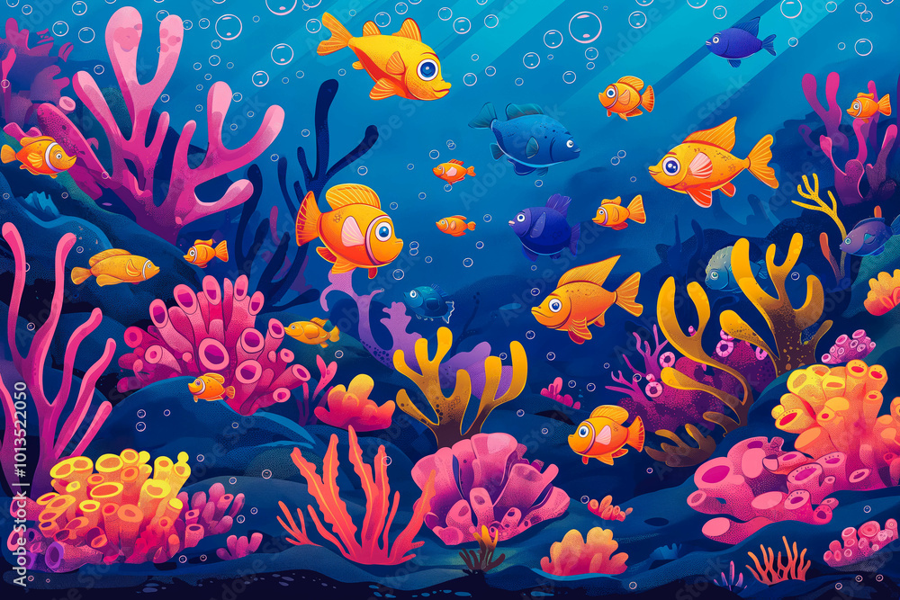 Underwater scene with fishes and coral reef. Cartoon vector illustration, An underwater scene filled with cute, smiling sea creatures and corals in vibrant colors