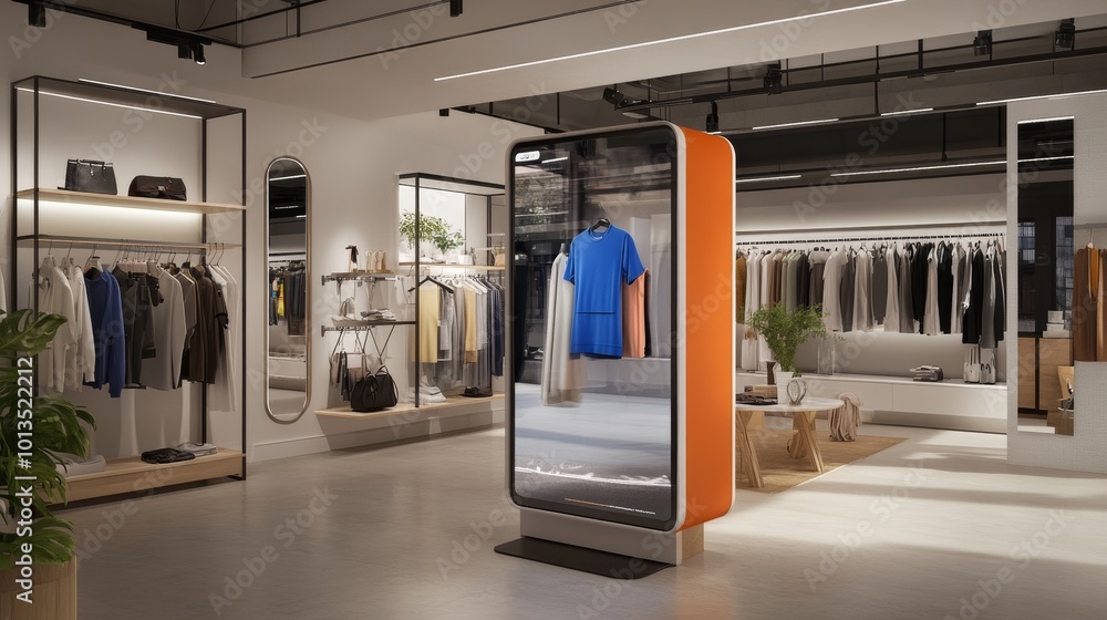 Interactive smart mirror displaying virtual outfits, enhancing retail experience, transforming digital shopping in clothing stores