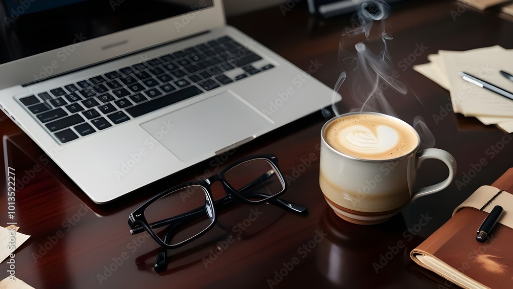 A laptop on a workspace desk with a cup of coffee nearby. A laptop on a workspace desk with a cup of coffee nearby.