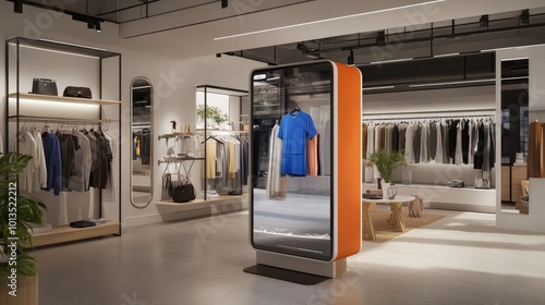 Obraz na płótnie Interactive smart mirror displaying virtual outfits, enhancing retail experience, transforming digital shopping in clothing stores w salonie