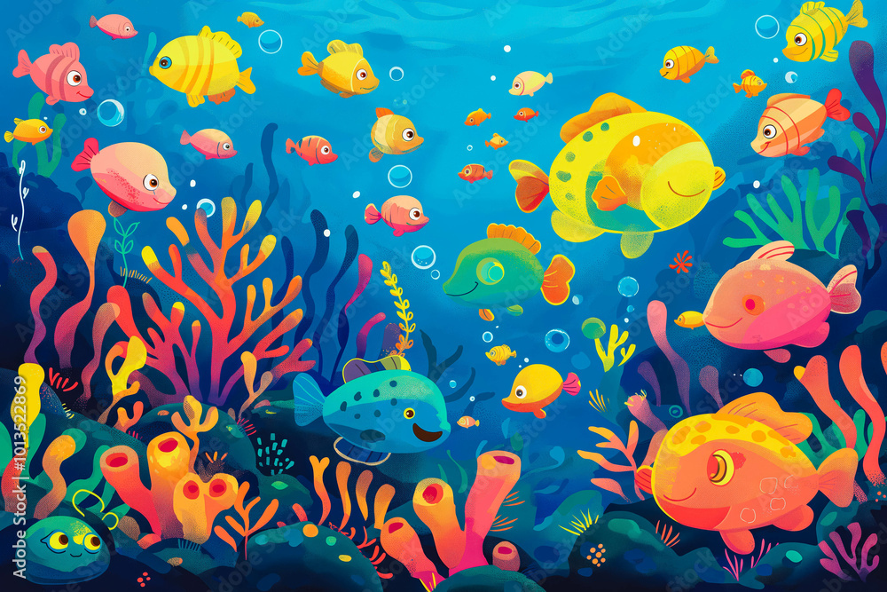 Fototapeta premium Underwater scene with fishes and coral reef. Cartoon vector illustration, An underwater scene filled with cute, smiling sea creatures and corals in vibrant colors