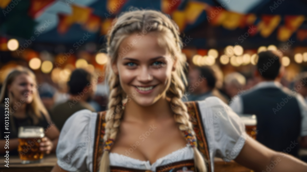 Blur image of a Beautiful and smiling German blonde with two braids and beer, celebrating the Oktoberfest event for background usage. Blur image of a Beautiful and smiling German blonde with two braids and beer, celebrating the Oktoberfest event for background usage.