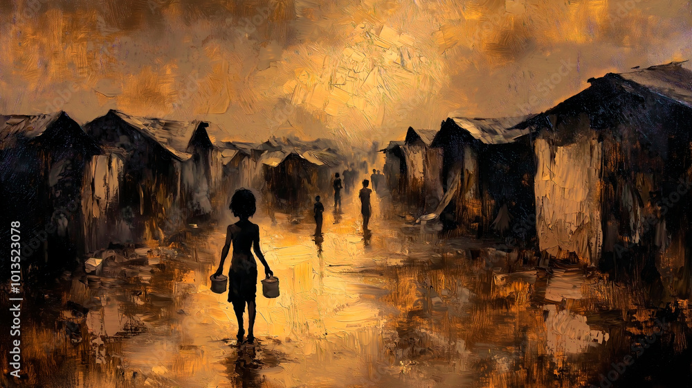 Fototapeta premium Young girl carrying water in slum painting