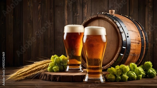 Mug of beer, wheat ears, hops and beer barrel on a wooden background