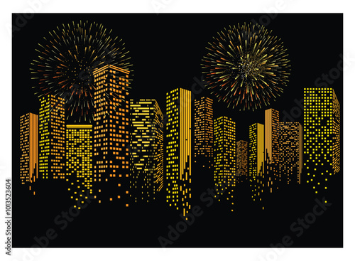 Fireworks on a background of a night city. Flat design. Vector illustration.