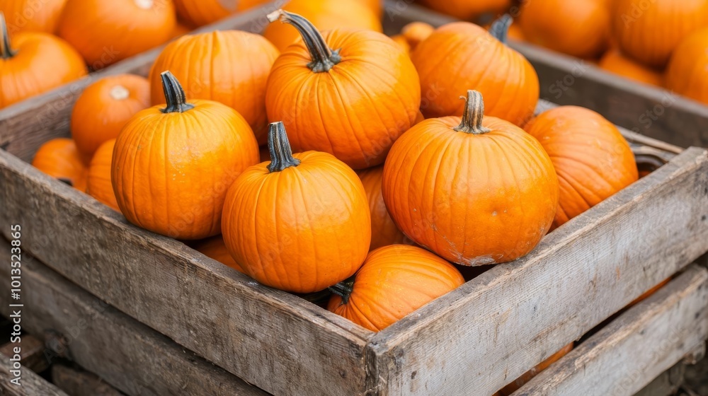A rustic wooden crate filled with vibrant orange pumpkins, ideal for autumn decor or seasonal harvest themes. A rustic wooden crate filled with vibrant orange pumpkins, ideal for autumn decor or seasonal harvest themes.