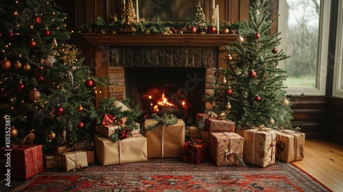 Vintage Christmas Scene: Cozy Fireplace and Festive Decorations