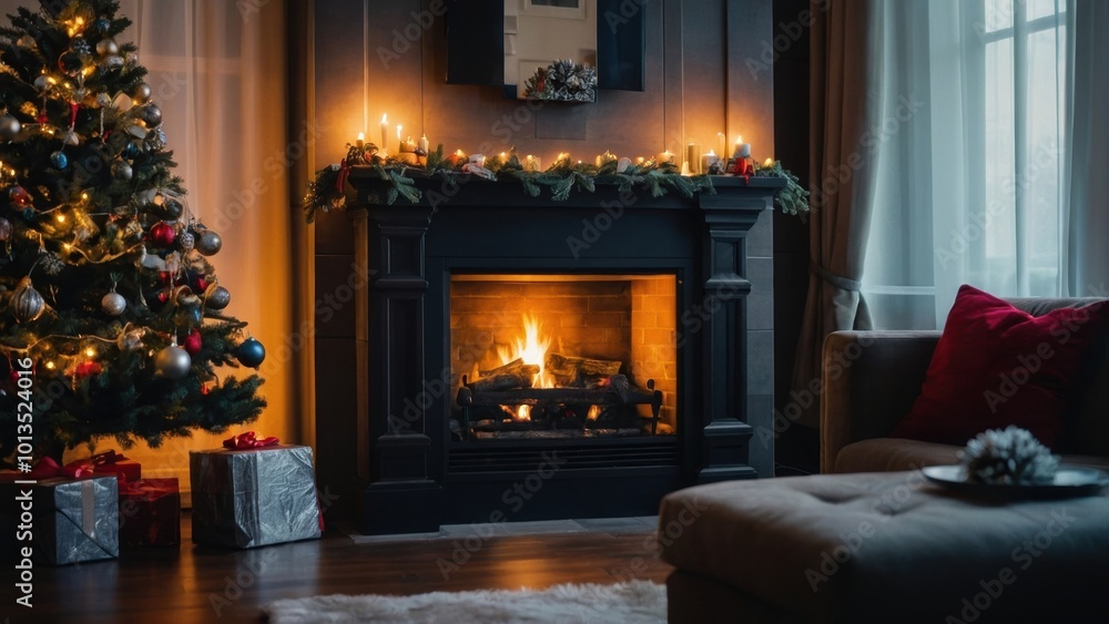 Enjoying a cozy evening by the fire while the Christmas tree fills the room with holiday magic Enjoying a cozy evening by the fire while the Christmas tree fills the room with holiday magic
