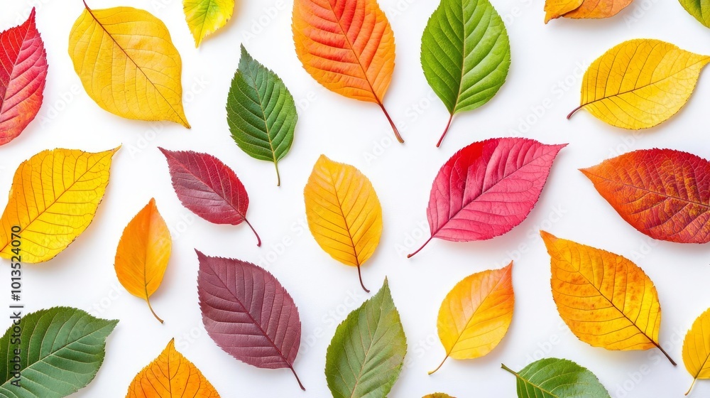 Obraz premium A vibrant collection of colorful leaves in various shapes and sizes, showcasing the beauty of nature and the changing seasons.