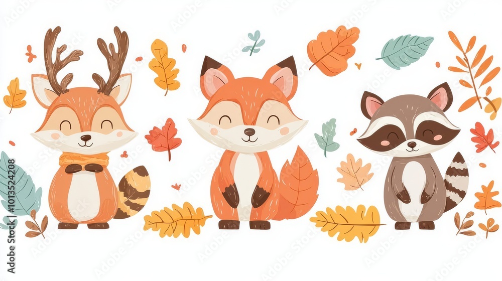 Naklejka premium Adorable woodland animals including a deer, fox, and raccoon surrounded by colorful autumn leaves. Perfect for children's themes.