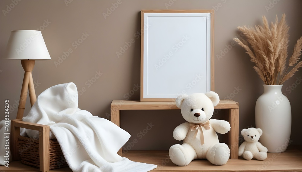 A white teddy bear is sitting on a wooden bench next to a blank framed wall art, with a white blanket in the background. A white teddy bear is sitting on a wooden bench next to a blank framed wall art, with a white blanket in the background.