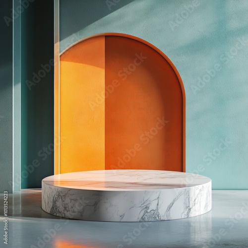 3d render of white marble podium with orange arch on blue backgroundMinimalistic 3d rendering of a marble podium with an arch in the background3d render of white marble podium on blue and orange backg photo