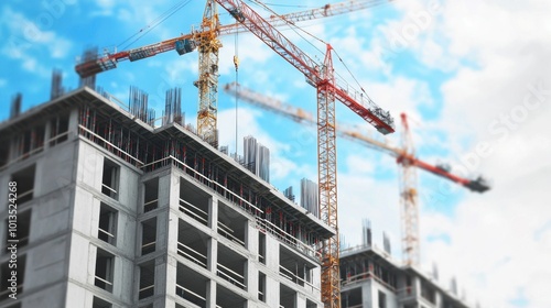 Towering construction site with cranes and ongoing high rise development in the city