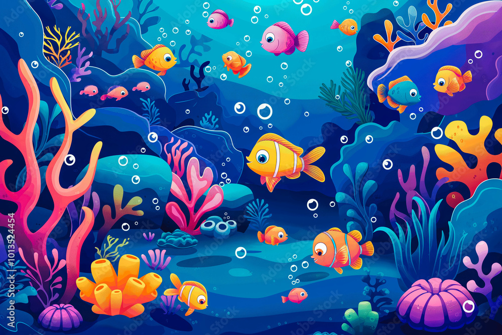 Underwater scene with fishes and coral reef. Cartoon vector illustration, An underwater scene filled with cute, smiling sea creatures and corals in vibrant colors Underwater scene with fishes and coral reef. Cartoon vector illustration, An underwater scene filled with cute, smiling sea creatures and corals in vibrant colors
