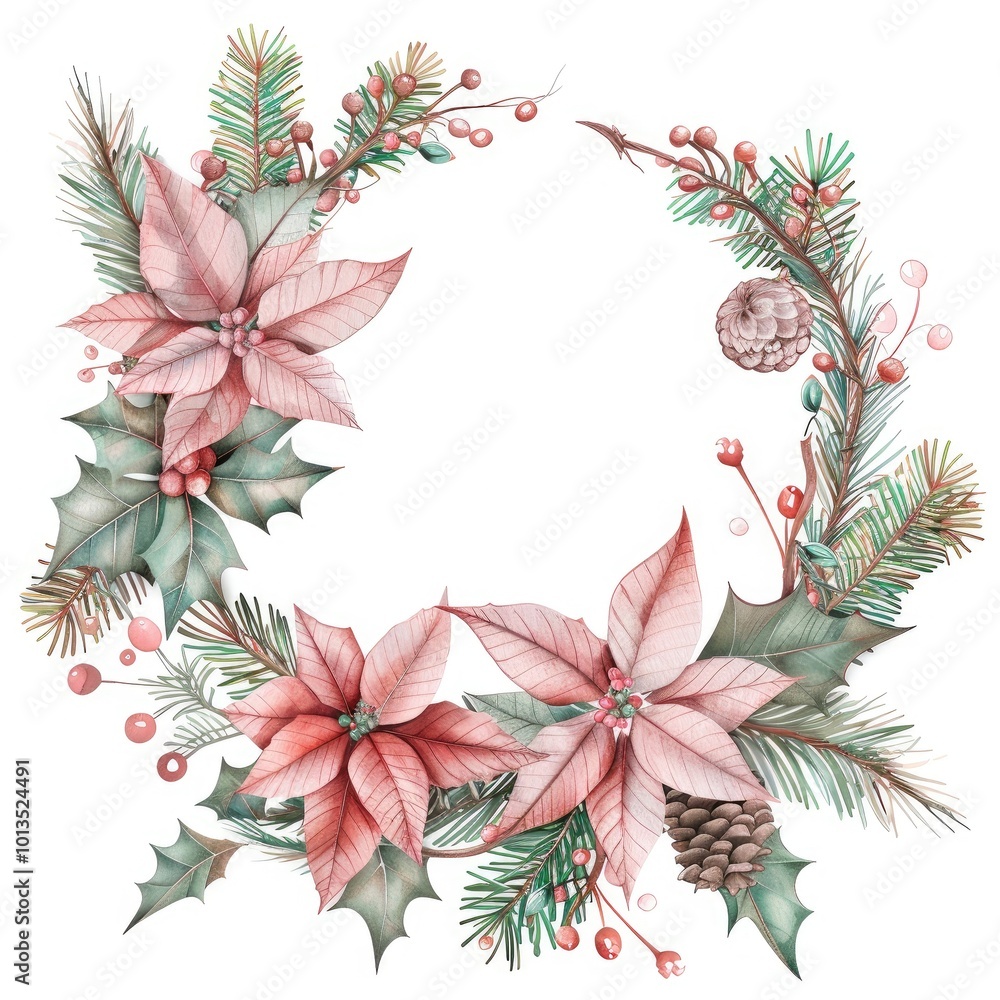 A beautiful floral wreath featuring poinsettias and evergreen elements, perfect for festive decor and seasonal design. A beautiful floral wreath featuring poinsettias and evergreen elements, perfect for festive decor and seasonal design.