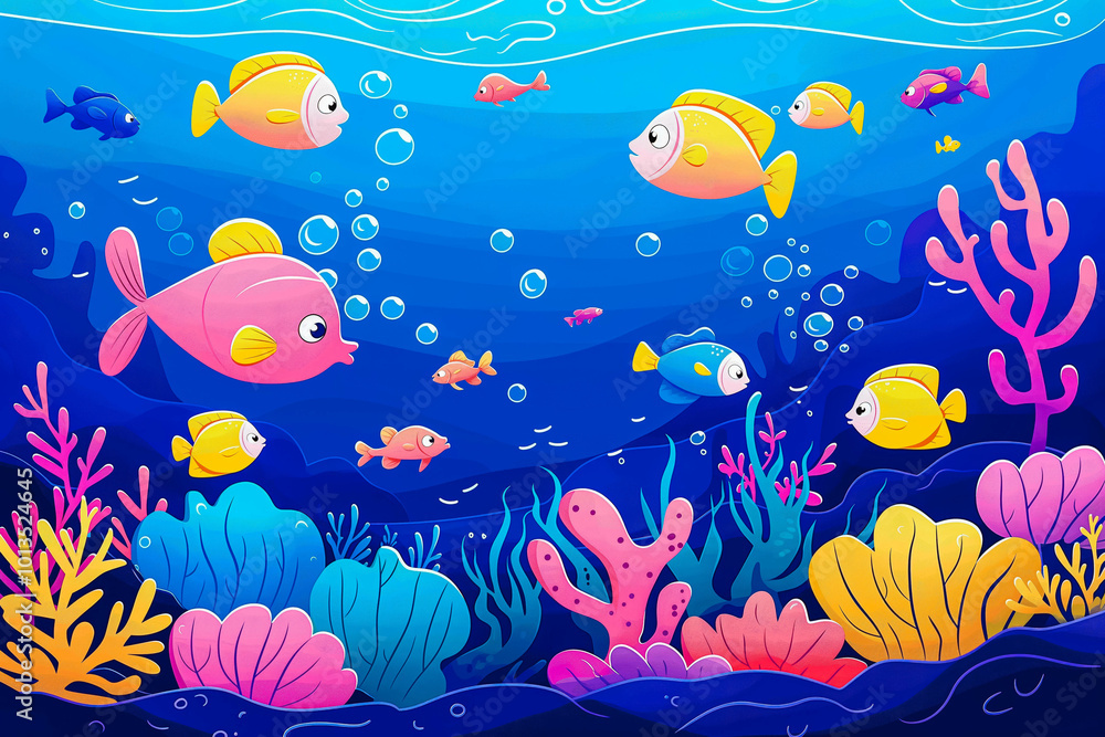Underwater scene with fishes and coral reef. Cartoon vector illustration, An underwater scene filled with cute, smiling sea creatures and corals in vibrant colors Underwater scene with fishes and coral reef. Cartoon vector illustration, An underwater scene filled with cute, smiling sea creatures and corals in vibrant colors