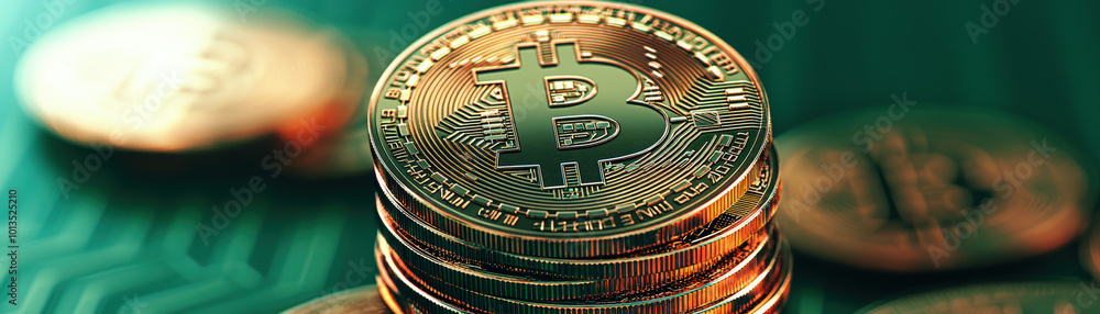Stacked bitcoin coins with digital circuit patterns in the background. Stacked bitcoin coins with digital circuit patterns in the background.