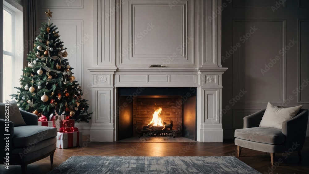 Snuggling up with loved ones by the fireplace as the Christmas tree twinkles in the background Snuggling up with loved ones by the fireplace as the Christmas tree twinkles in the background