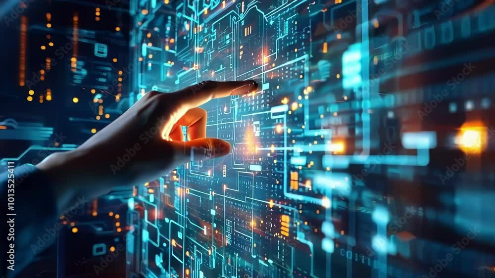 Person is touching a digital screen with their finger, interacting with a complex network of data and code, highlighting the concept of innovative engineering Person is touching a digital screen with their finger, interacting with a complex network of data and code, highlighting the concept of innovative engineering